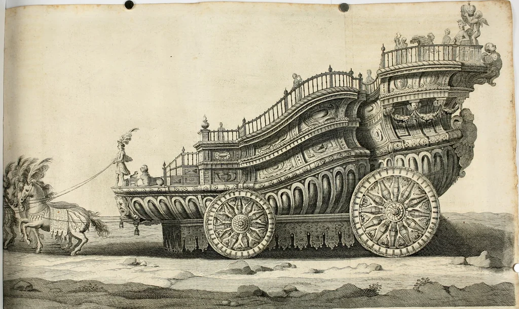 An illustration from Sieg-Streit dess Lufft vnd Wassers : Freuden-Fest zu Pferd zu dem glorwürdigisten Beyläger beeder kayserlichen Majestäten Leopoldi dess Ersten, römischen Kaysers ... vnd Margarita, gebohrner königlichen Infantin auss Hispanien : dargestellet in dero kayserlichen Residenz Statt Wienn, 1667, leaf 63