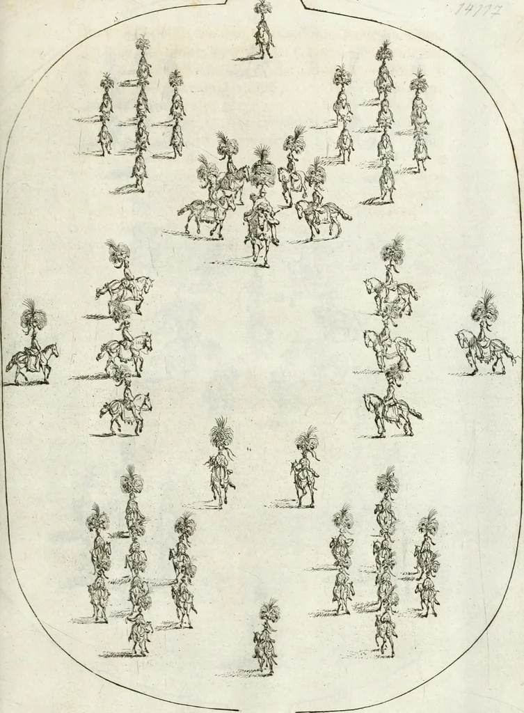 An illustration from Sieg-Streit dess Lufft vnd Wassers : Freuden-Fest zu Pferd zu dem glorwürdigisten Beyläger beeder kayserlichen Majestäten Leopoldi dess Ersten, römischen Kaysers ... vnd Margarita, gebohrner königlichen Infantin auss Hispanien : dargestellet in dero kayserlichen Residenz Statt Wienn, 1667, leaf 74