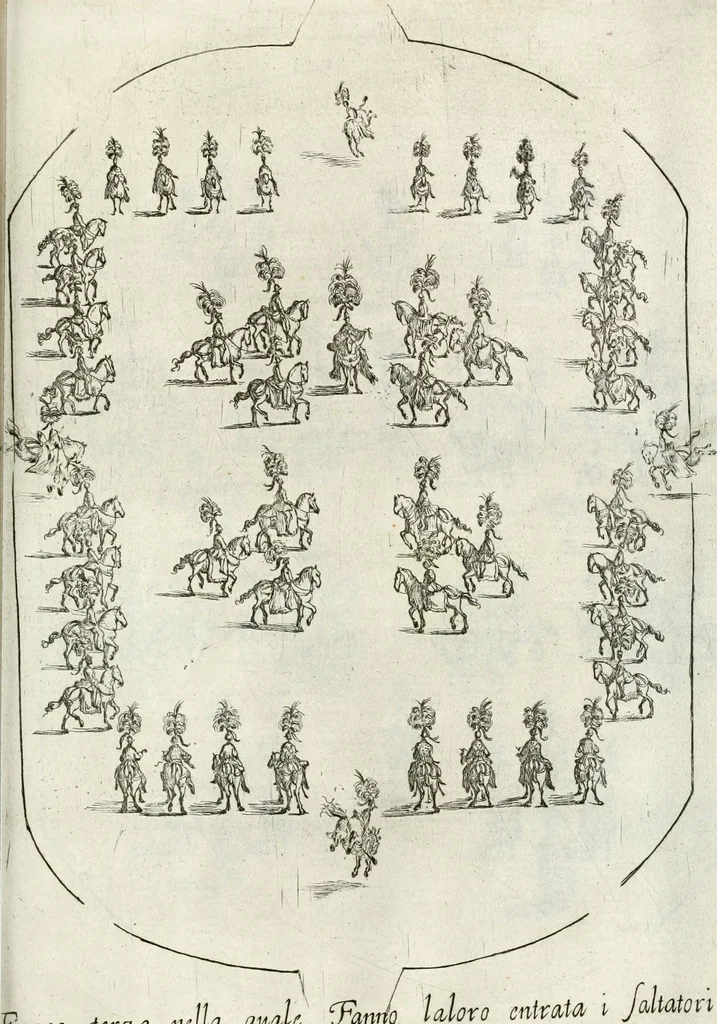 An illustration from Sieg-Streit dess Lufft vnd Wassers : Freuden-Fest zu Pferd zu dem glorwürdigisten Beyläger beeder kayserlichen Majestäten Leopoldi dess Ersten, römischen Kaysers ... vnd Margarita, gebohrner königlichen Infantin auss Hispanien : dargestellet in dero kayserlichen Residenz Statt Wienn, 1667, leaf 76