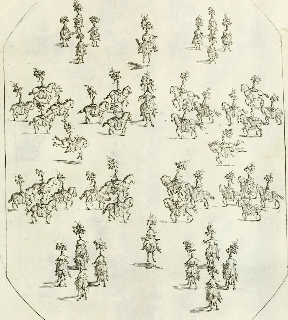 An illustration from Sieg-Streit dess Lufft vnd Wassers : Freuden-Fest zu Pferd zu dem glorwürdigisten Beyläger beeder kayserlichen Majestäten Leopoldi dess Ersten, römischen Kaysers ... vnd Margarita, gebohrner königlichen Infantin auss Hispanien : dargestellet in dero kayserlichen Residenz Statt Wienn, 1667, leaf 78