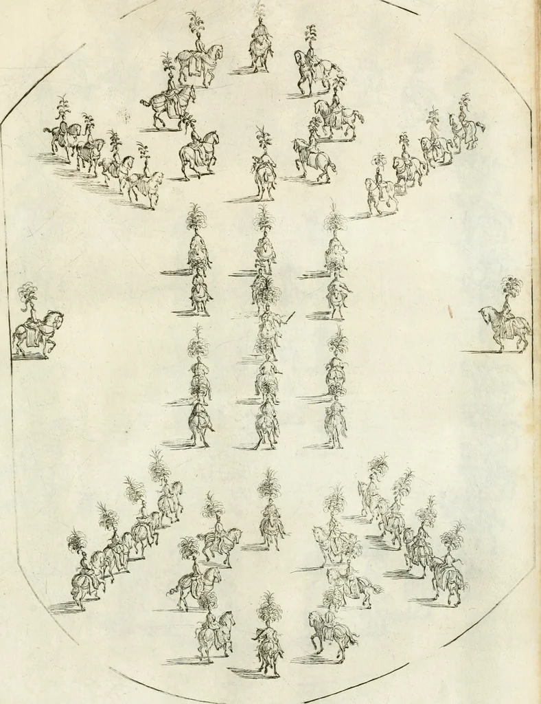 An illustration from Sieg-Streit dess Lufft vnd Wassers : Freuden-Fest zu Pferd zu dem glorwürdigisten Beyläger beeder kayserlichen Majestäten Leopoldi dess Ersten, römischen Kaysers ... vnd Margarita, gebohrner königlichen Infantin auss Hispanien : dargestellet in dero kayserlichen Residenz Statt Wienn, 1667, leaf 80
