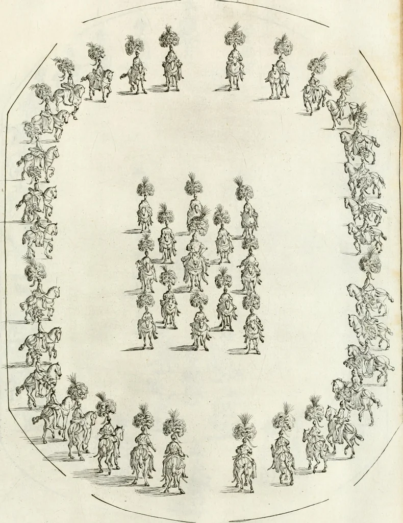 An illustration from Sieg-Streit dess Lufft vnd Wassers : Freuden-Fest zu Pferd zu dem glorwürdigisten Beyläger beeder kayserlichen Majestäten Leopoldi dess Ersten, römischen Kaysers ... vnd Margarita, gebohrner königlichen Infantin auss Hispanien : dargestellet in dero kayserlichen Residenz Statt Wienn, 1667, leaf 82