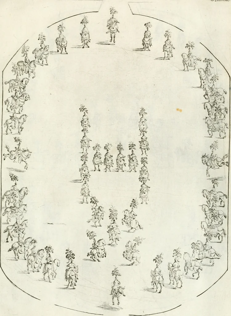 An illustration from Sieg-Streit dess Lufft vnd Wassers : Freuden-Fest zu Pferd zu dem glorwürdigisten Beyläger beeder kayserlichen Majestäten Leopoldi dess Ersten, römischen Kaysers ... vnd Margarita, gebohrner königlichen Infantin auss Hispanien : dargestellet in dero kayserlichen Residenz Statt Wienn, 1667, leaf 84