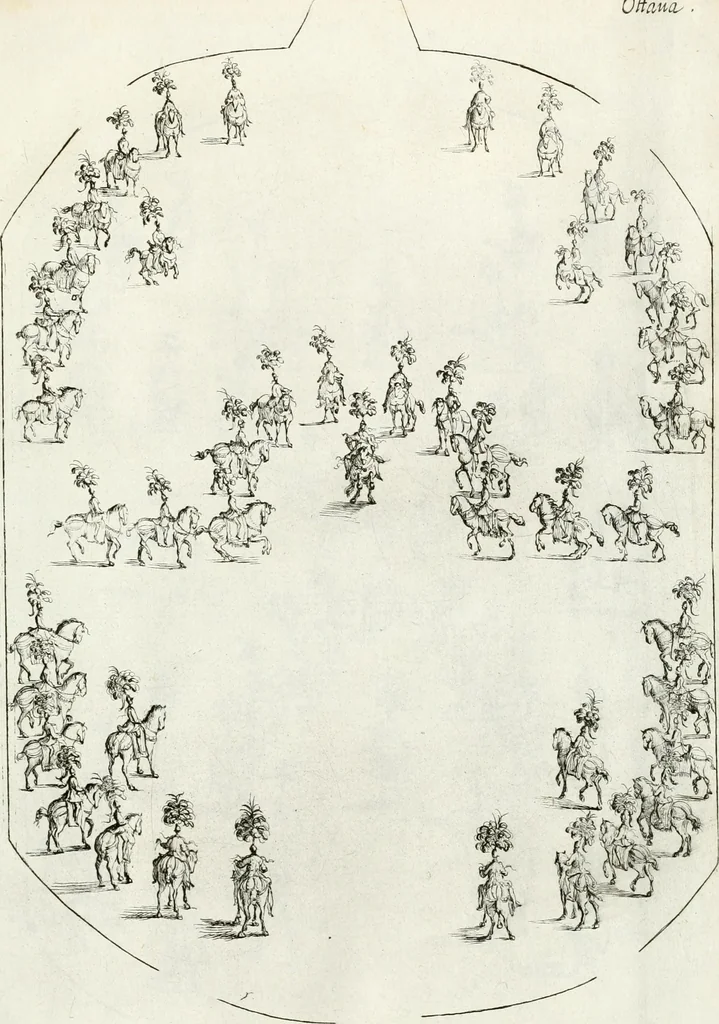 An illustration from Sieg-Streit dess Lufft vnd Wassers : Freuden-Fest zu Pferd zu dem glorwürdigisten Beyläger beeder kayserlichen Majestäten Leopoldi dess Ersten, römischen Kaysers ... vnd Margarita, gebohrner königlichen Infantin auss Hispanien : dargestellet in dero kayserlichen Residenz Statt Wienn, 1667, leaf 86