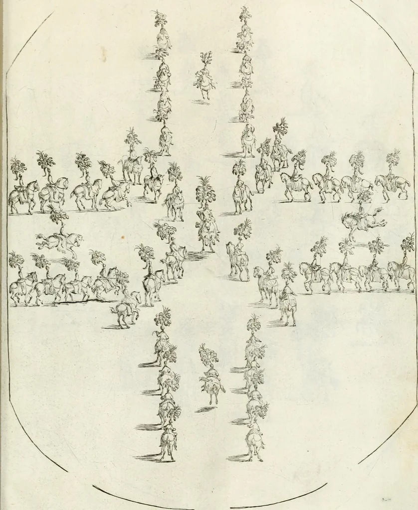 An illustration from Sieg-Streit dess Lufft vnd Wassers : Freuden-Fest zu Pferd zu dem glorwürdigisten Beyläger beeder kayserlichen Majestäten Leopoldi dess Ersten, römischen Kaysers ... vnd Margarita, gebohrner königlichen Infantin auss Hispanien : dargestellet in dero kayserlichen Residenz Statt Wienn, 1667, leaf 90