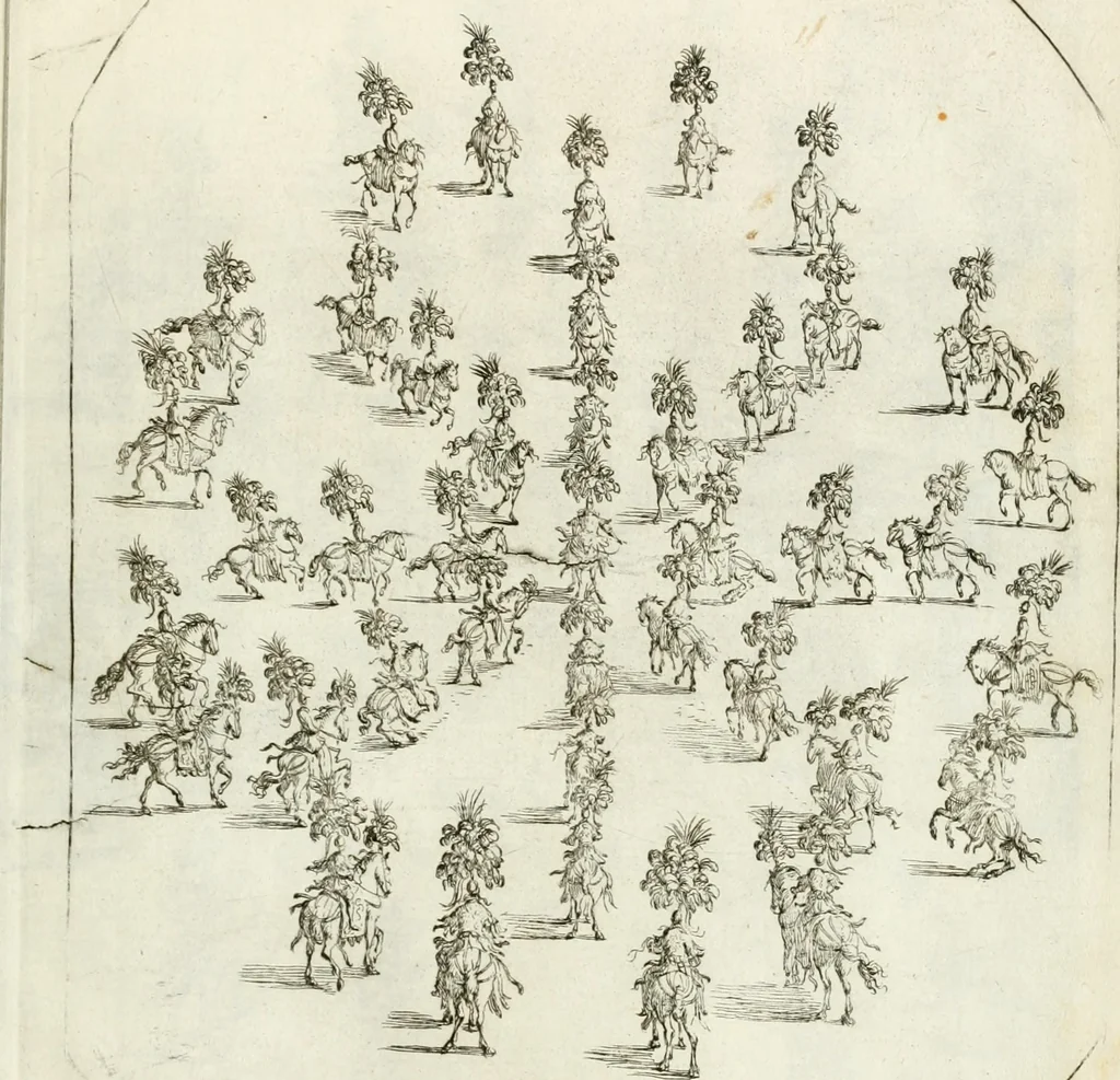 An illustration from Sieg-Streit dess Lufft vnd Wassers : Freuden-Fest zu Pferd zu dem glorwürdigisten Beyläger beeder kayserlichen Majestäten Leopoldi dess Ersten, römischen Kaysers ... vnd Margarita, gebohrner königlichen Infantin auss Hispanien : dargestellet in dero kayserlichen Residenz Statt Wienn, 1667, leaf 92