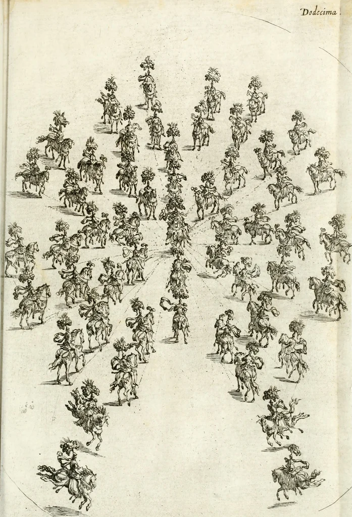 An illustration from Sieg-Streit dess Lufft vnd Wassers : Freuden-Fest zu Pferd zu dem glorwürdigisten Beyläger beeder kayserlichen Majestäten Leopoldi dess Ersten, römischen Kaysers ... vnd Margarita, gebohrner königlichen Infantin auss Hispanien : dargestellet in dero kayserlichen Residenz Statt Wienn, 1667, leaf 94
