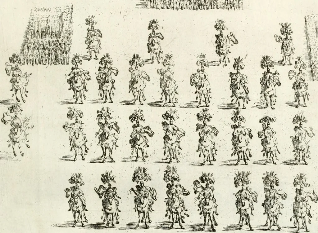 An illustration from Sieg-Streit dess Lufft vnd Wassers : Freuden-Fest zu Pferd zu dem glorwürdigisten Beyläger beeder kayserlichen Majestäten Leopoldi dess Ersten, römischen Kaysers ... vnd Margarita, gebohrner königlichen Infantin auss Hispanien : dargestellet in dero kayserlichen Residenz Statt Wienn, 1667, leaf 96