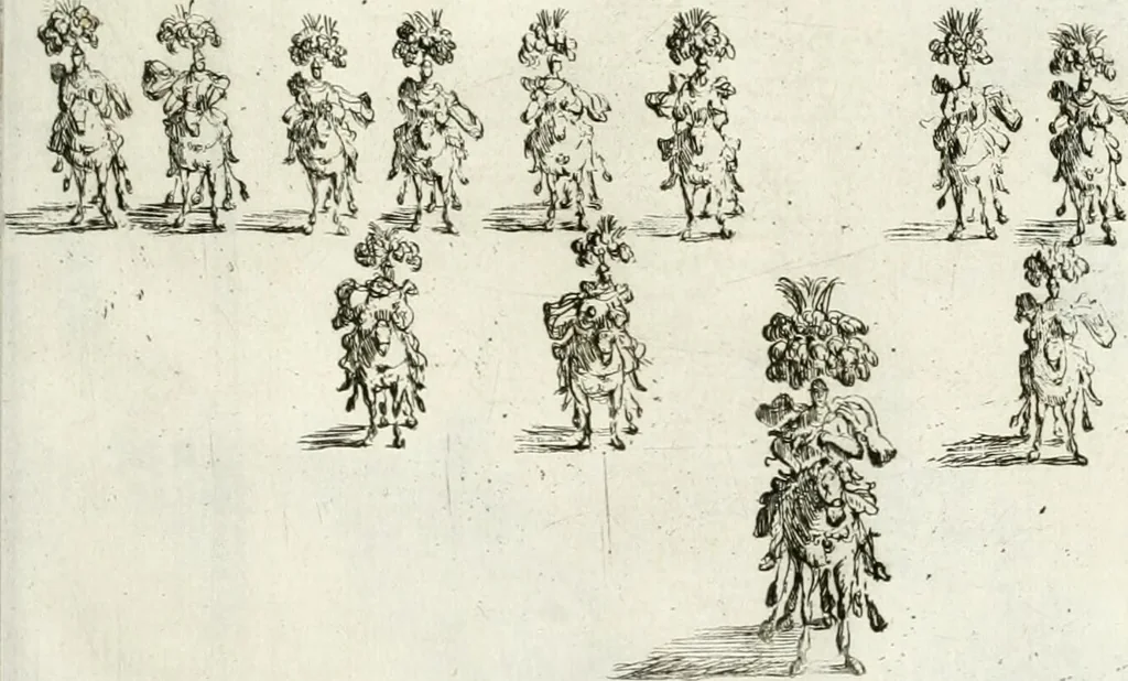 An illustration from Sieg-Streit dess Lufft vnd Wassers : Freuden-Fest zu Pferd zu dem glorwürdigisten Beyläger beeder kayserlichen Majestäten Leopoldi dess Ersten, römischen Kaysers ... vnd Margarita, gebohrner königlichen Infantin auss Hispanien : dargestellet in dero kayserlichen Residenz Statt Wienn, 1667, leaf 96