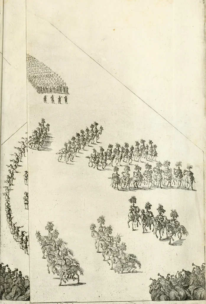 An illustration from Sieg-Streit dess Lufft vnd Wassers : Freuden-Fest zu Pferd zu dem glorwürdigisten Beyläger beeder kayserlichen Majestäten Leopoldi dess Ersten, römischen Kaysers ... vnd Margarita, gebohrner königlichen Infantin auss Hispanien : dargestellet in dero kayserlichen Residenz Statt Wienn, 1667, leaf 98