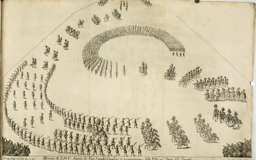 An illustration from Sieg-Streit dess Lufft vnd Wassers : Freuden-Fest zu Pferd zu dem glorwürdigisten Beyläger beeder kayserlichen Majestäten Leopoldi dess Ersten, römischen Kaysers ... vnd Margarita, gebohrner königlichen Infantin auss Hispanien : dargestellet in dero kayserlichen Residenz Statt Wienn, 1667, leaf 99