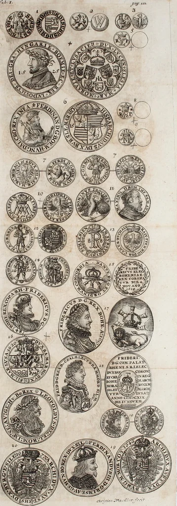 An illustration from Silesia numismatica, oder, Einleitung zu dem schlesischen Müntz-Cabinet : in welchem biss 368 Theils sehr alte rare und schöne, im Lande verfertigte Müntzen durch accurate Kupffer gewiesen, umbständlich erkläret und dabey viele in der schlesischen Historie begangene Fehler deutlich endecket werden, 1711, leaf 116