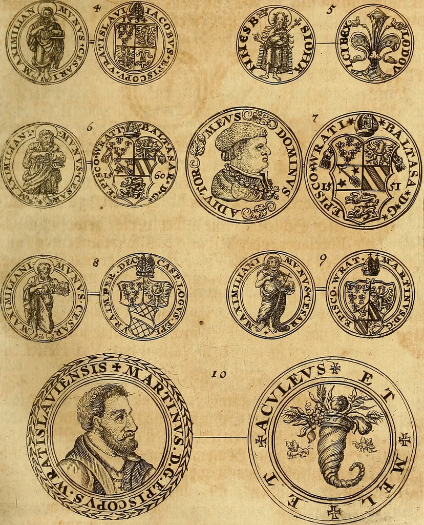 An illustration from Silesia numismatica, oder, Einleitung zu dem schlesischen Müntz-Cabinet : in welchem biss 368 Theils sehr alte rare und schöne, im Lande verfertigte Müntzen durch accurate Kupffer gewiesen, umbständlich erkläret und dabey viele in der schlesischen Historie begangene Fehler deutlich endecket werden, 1711, leaf 192
