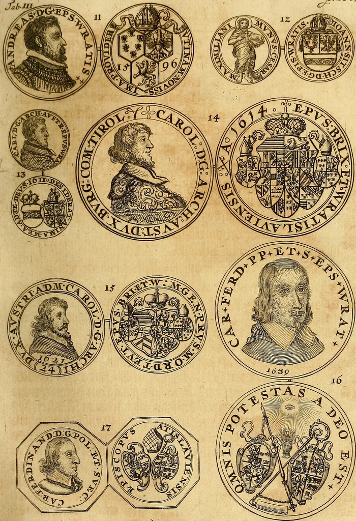 An illustration from Silesia numismatica, oder, Einleitung zu dem schlesischen Müntz-Cabinet : in welchem biss 368 Theils sehr alte rare und schöne, im Lande verfertigte Müntzen durch accurate Kupffer gewiesen, umbständlich erkläret und dabey viele in der schlesischen Historie begangene Fehler deutlich endecket werden, 1711, leaf 226