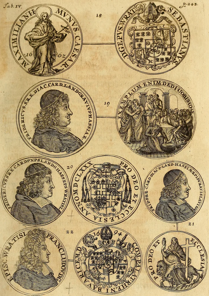 An illustration from Silesia numismatica, oder, Einleitung zu dem schlesischen Müntz-Cabinet : in welchem biss 368 Theils sehr alte rare und schöne, im Lande verfertigte Müntzen durch accurate Kupffer gewiesen, umbständlich erkläret und dabey viele in der schlesischen Historie begangene Fehler deutlich endecket werden, 1711, leaf 254