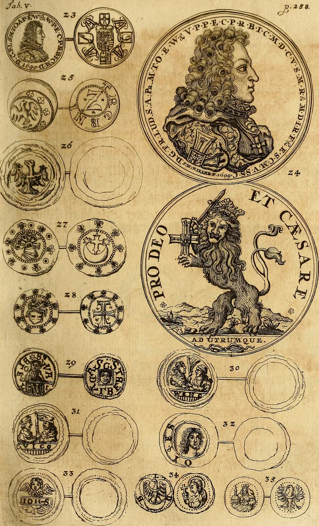 An illustration from Silesia numismatica, oder, Einleitung zu dem schlesischen Müntz-Cabinet : in welchem biss 368 Theils sehr alte rare und schöne, im Lande verfertigte Müntzen durch accurate Kupffer gewiesen, umbständlich erkläret und dabey viele in der schlesischen Historie begangene Fehler deutlich endecket werden, 1711, leaf 272
