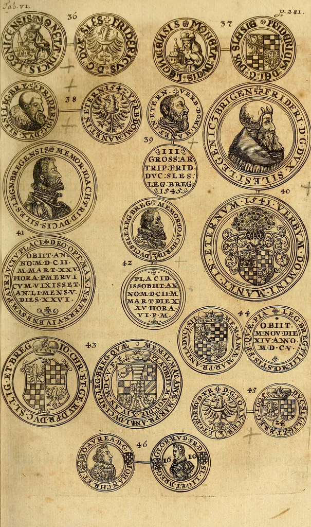 An illustration from Silesia numismatica, oder, Einleitung zu dem schlesischen Müntz-Cabinet : in welchem biss 368 Theils sehr alte rare und schöne, im Lande verfertigte Müntzen durch accurate Kupffer gewiesen, umbständlich erkläret und dabey viele in der schlesischen Historie begangene Fehler deutlich endecket werden, 1711, leaf 296