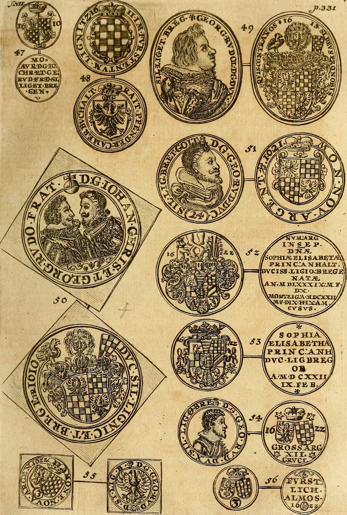 An illustration from Silesia numismatica, oder, Einleitung zu dem schlesischen Müntz-Cabinet : in welchem biss 368 Theils sehr alte rare und schöne, im Lande verfertigte Müntzen durch accurate Kupffer gewiesen, umbständlich erkläret und dabey viele in der schlesischen Historie begangene Fehler deutlich endecket werden, 1711, leaf 348
