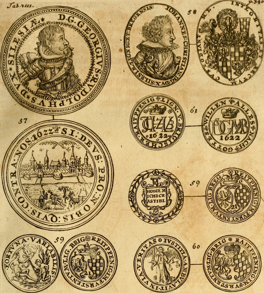 An illustration from Silesia numismatica, oder, Einleitung zu dem schlesischen Müntz-Cabinet : in welchem biss 368 Theils sehr alte rare und schöne, im Lande verfertigte Müntzen durch accurate Kupffer gewiesen, umbständlich erkläret und dabey viele in der schlesischen Historie begangene Fehler deutlich endecket werden, 1711, leaf 366