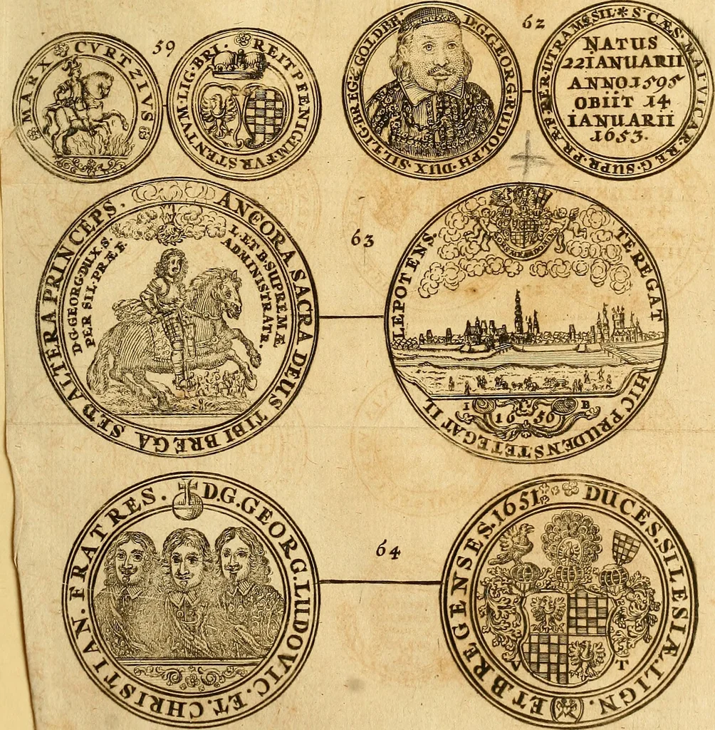 An illustration from Silesia numismatica, oder, Einleitung zu dem schlesischen Müntz-Cabinet : in welchem biss 368 Theils sehr alte rare und schöne, im Lande verfertigte Müntzen durch accurate Kupffer gewiesen, umbständlich erkläret und dabey viele in der schlesischen Historie begangene Fehler deutlich endecket werden, 1711, leaf 366