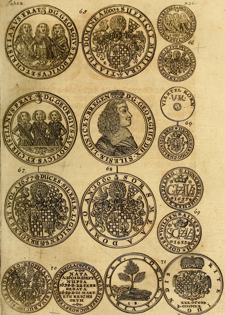 An illustration from Silesia numismatica, oder, Einleitung zu dem schlesischen Müntz-Cabinet : in welchem biss 368 Theils sehr alte rare und schöne, im Lande verfertigte Müntzen durch accurate Kupffer gewiesen, umbständlich erkläret und dabey viele in der schlesischen Historie begangene Fehler deutlich endecket werden, 1711, leaf 384