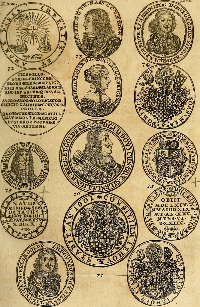 An illustration from Silesia numismatica, oder, Einleitung zu dem schlesischen Müntz-Cabinet : in welchem biss 368 Theils sehr alte rare und schöne, im Lande verfertigte Müntzen durch accurate Kupffer gewiesen, umbständlich erkläret und dabey viele in der schlesischen Historie begangene Fehler deutlich endecket werden, 1711, leaf 396