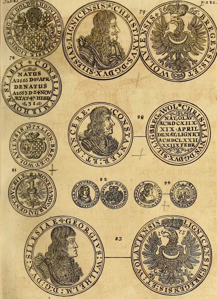 An illustration from Silesia numismatica, oder, Einleitung zu dem schlesischen Müntz-Cabinet : in welchem biss 368 Theils sehr alte rare und schöne, im Lande verfertigte Müntzen durch accurate Kupffer gewiesen, umbständlich erkläret und dabey viele in der schlesischen Historie begangene Fehler deutlich endecket werden, 1711, leaf 408