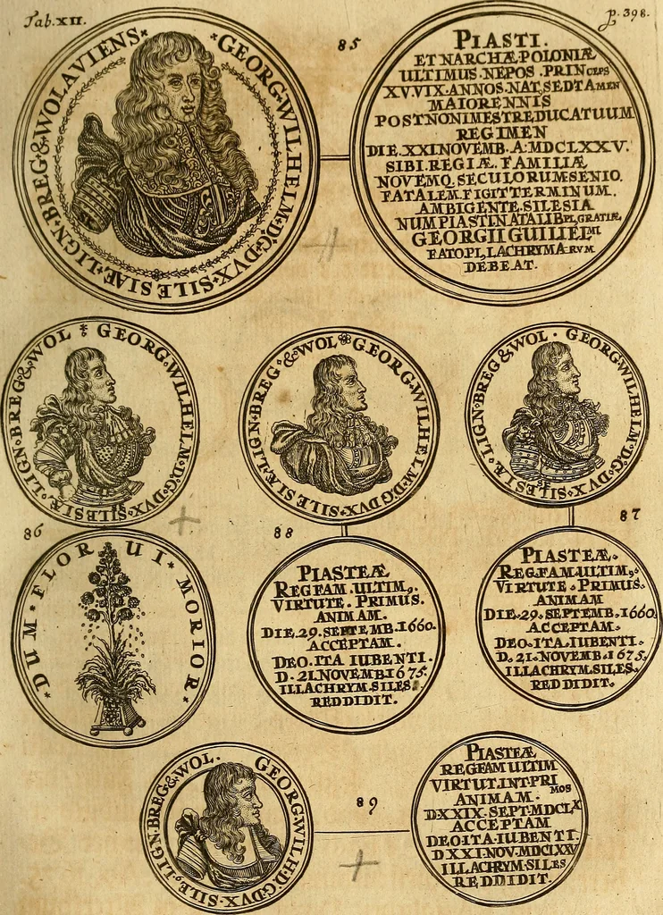 An illustration from Silesia numismatica, oder, Einleitung zu dem schlesischen Müntz-Cabinet : in welchem biss 368 Theils sehr alte rare und schöne, im Lande verfertigte Müntzen durch accurate Kupffer gewiesen, umbständlich erkläret und dabey viele in der schlesischen Historie begangene Fehler deutlich endecket werden, 1711, leaf 426