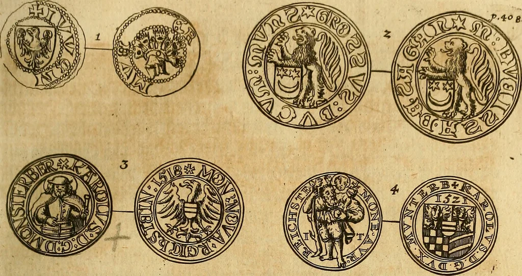 An illustration from Silesia numismatica, oder, Einleitung zu dem schlesischen Müntz-Cabinet : in welchem biss 368 Theils sehr alte rare und schöne, im Lande verfertigte Müntzen durch accurate Kupffer gewiesen, umbständlich erkläret und dabey viele in der schlesischen Historie begangene Fehler deutlich endecket werden, 1711, leaf 438