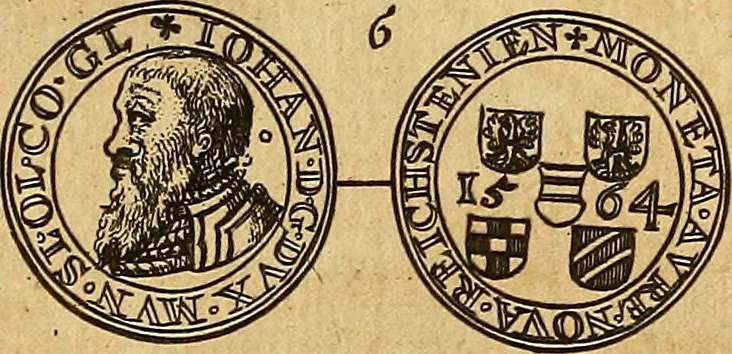 An illustration from Silesia numismatica, oder, Einleitung zu dem schlesischen Müntz-Cabinet : in welchem biss 368 Theils sehr alte rare und schöne, im Lande verfertigte Müntzen durch accurate Kupffer gewiesen, umbständlich erkläret und dabey viele in der schlesischen Historie begangene Fehler deutlich endecket werden, 1711, leaf 438