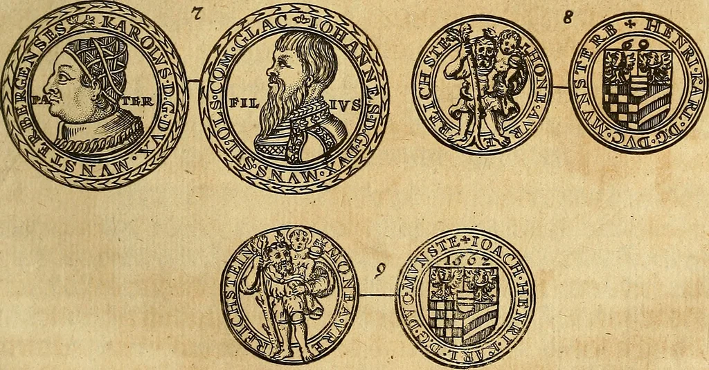 An illustration from Silesia numismatica, oder, Einleitung zu dem schlesischen Müntz-Cabinet : in welchem biss 368 Theils sehr alte rare und schöne, im Lande verfertigte Müntzen durch accurate Kupffer gewiesen, umbständlich erkläret und dabey viele in der schlesischen Historie begangene Fehler deutlich endecket werden, 1711, leaf 438