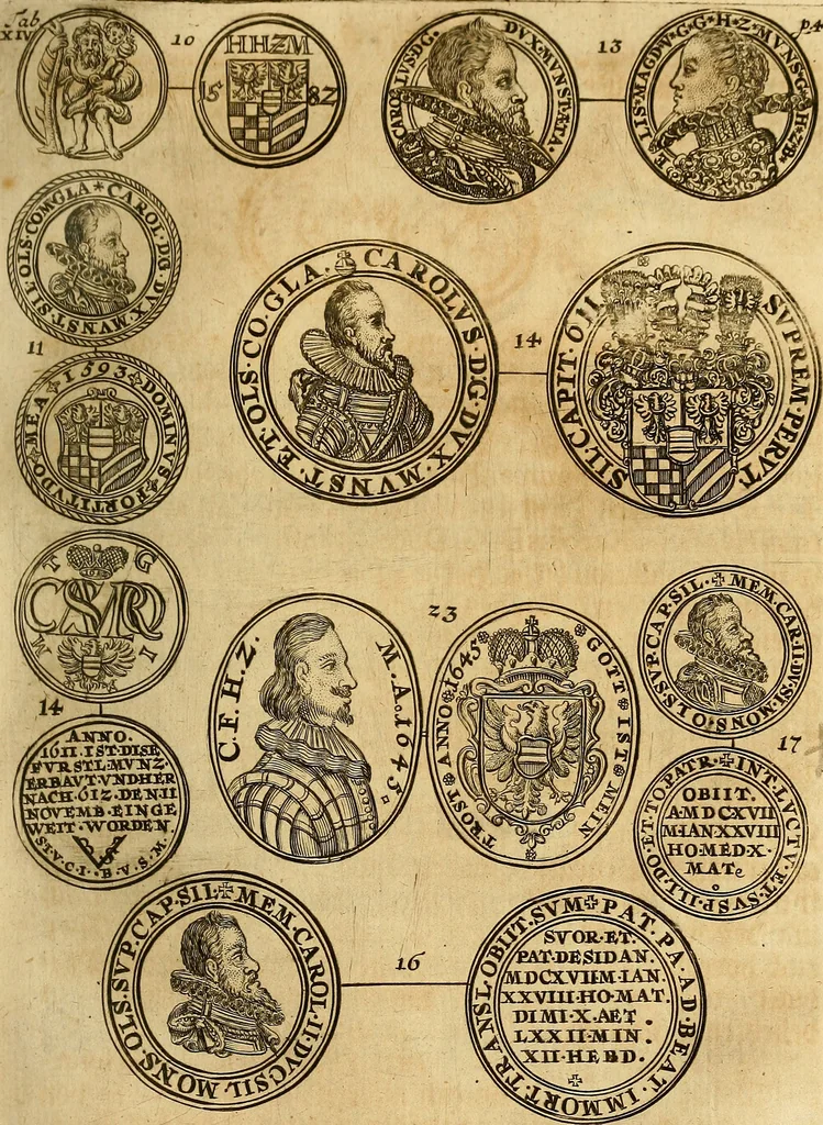 An illustration from Silesia numismatica, oder, Einleitung zu dem schlesischen Müntz-Cabinet : in welchem biss 368 Theils sehr alte rare und schöne, im Lande verfertigte Müntzen durch accurate Kupffer gewiesen, umbständlich erkläret und dabey viele in der schlesischen Historie begangene Fehler deutlich endecket werden, 1711, leaf 456