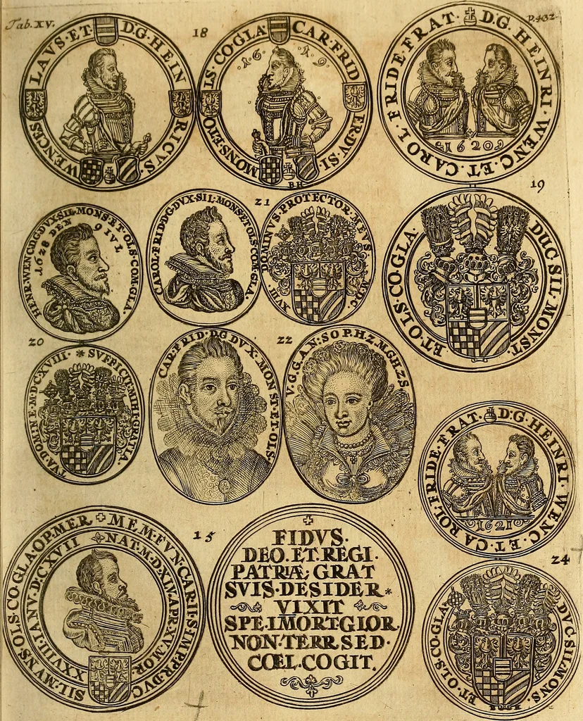 An illustration from Silesia numismatica, oder, Einleitung zu dem schlesischen Müntz-Cabinet : in welchem biss 368 Theils sehr alte rare und schöne, im Lande verfertigte Müntzen durch accurate Kupffer gewiesen, umbständlich erkläret und dabey viele in der schlesischen Historie begangene Fehler deutlich endecket werden, 1711, leaf 466