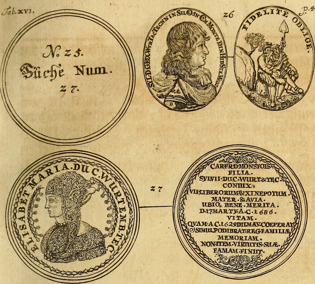 An illustration from Silesia numismatica, oder, Einleitung zu dem schlesischen Müntz-Cabinet : in welchem biss 368 Theils sehr alte rare und schöne, im Lande verfertigte Müntzen durch accurate Kupffer gewiesen, umbständlich erkläret und dabey viele in der schlesischen Historie begangene Fehler deutlich endecket werden, 1711, leaf 480