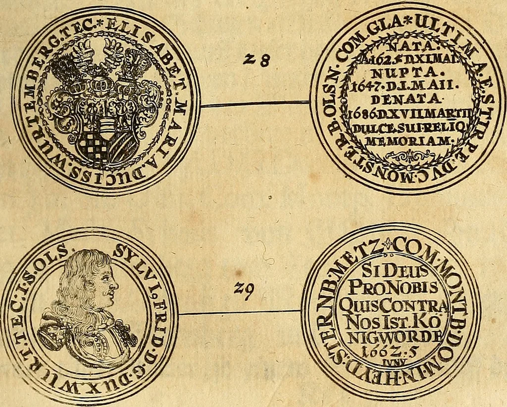 An illustration from Silesia numismatica, oder, Einleitung zu dem schlesischen Müntz-Cabinet : in welchem biss 368 Theils sehr alte rare und schöne, im Lande verfertigte Müntzen durch accurate Kupffer gewiesen, umbständlich erkläret und dabey viele in der schlesischen Historie begangene Fehler deutlich endecket werden, 1711, leaf 480