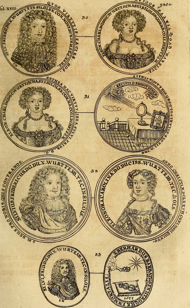 An illustration from Silesia numismatica, oder, Einleitung zu dem schlesischen Müntz-Cabinet : in welchem biss 368 Theils sehr alte rare und schöne, im Lande verfertigte Müntzen durch accurate Kupffer gewiesen, umbständlich erkläret und dabey viele in der schlesischen Historie begangene Fehler deutlich endecket werden, 1711, leaf 488