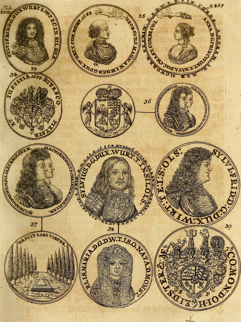 An illustration from Silesia numismatica, oder, Einleitung zu dem schlesischen Müntz-Cabinet : in welchem biss 368 Theils sehr alte rare und schöne, im Lande verfertigte Müntzen durch accurate Kupffer gewiesen, umbständlich erkläret und dabey viele in der schlesischen Historie begangene Fehler deutlich endecket werden, 1711, leaf 494