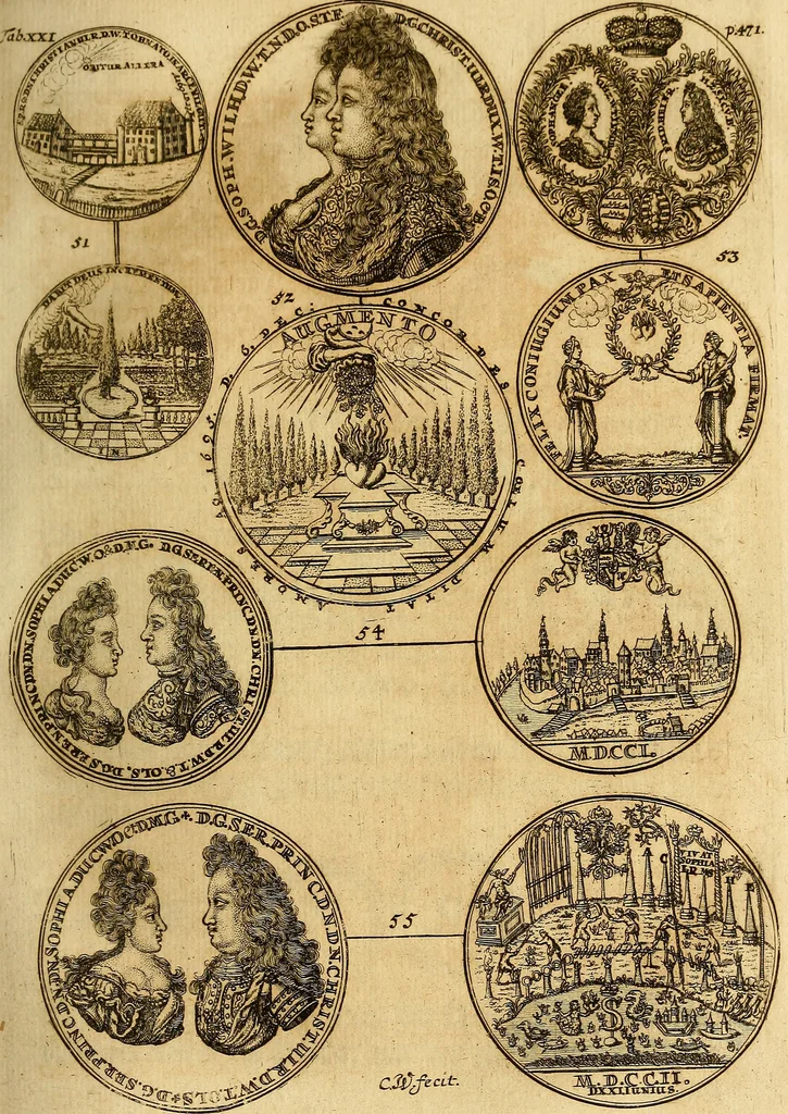 An illustration from Silesia numismatica, oder, Einleitung zu dem schlesischen Müntz-Cabinet : in welchem biss 368 Theils sehr alte rare und schöne, im Lande verfertigte Müntzen durch accurate Kupffer gewiesen, umbständlich erkläret und dabey viele in der schlesischen Historie begangene Fehler deutlich endecket werden, 1711, leaf 516