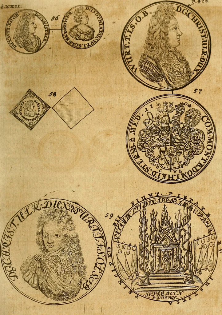 An illustration from Silesia numismatica, oder, Einleitung zu dem schlesischen Müntz-Cabinet : in welchem biss 368 Theils sehr alte rare und schöne, im Lande verfertigte Müntzen durch accurate Kupffer gewiesen, umbständlich erkläret und dabey viele in der schlesischen Historie begangene Fehler deutlich endecket werden, 1711, leaf 526