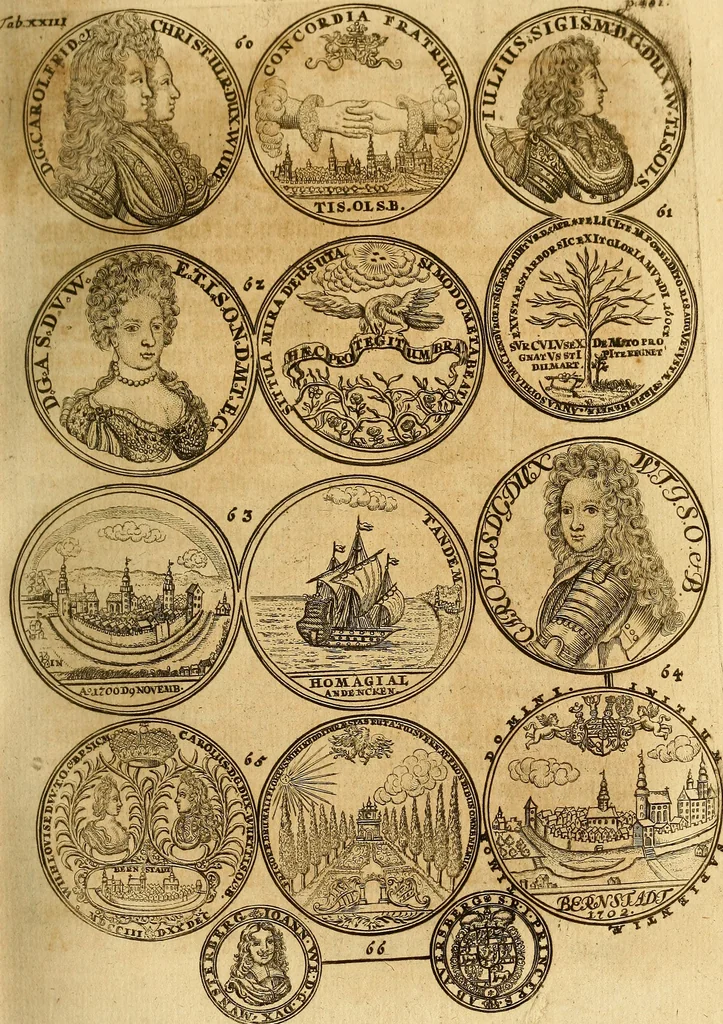 An illustration from Silesia numismatica, oder, Einleitung zu dem schlesischen Müntz-Cabinet : in welchem biss 368 Theils sehr alte rare und schöne, im Lande verfertigte Müntzen durch accurate Kupffer gewiesen, umbständlich erkläret und dabey viele in der schlesischen Historie begangene Fehler deutlich endecket werden, 1711, leaf 530