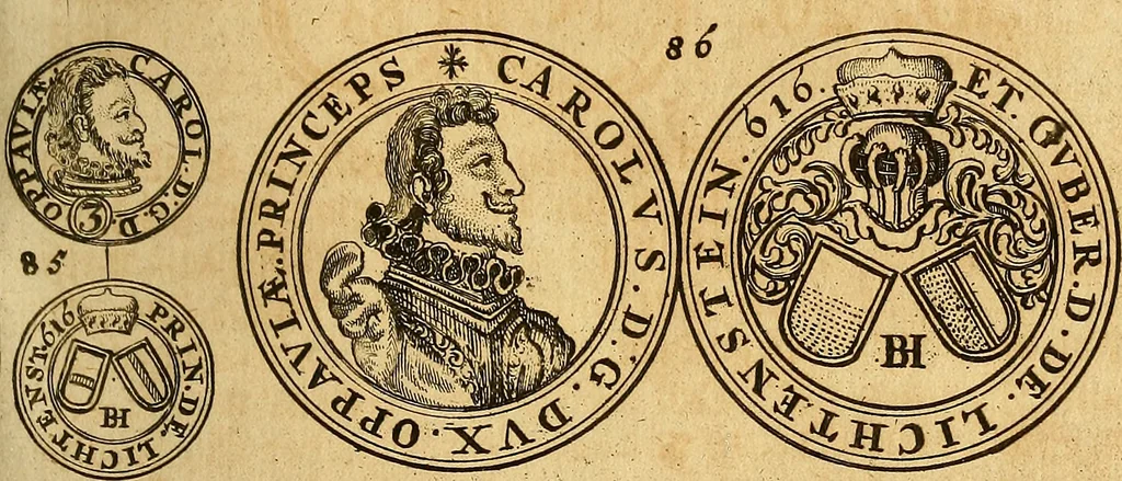 An illustration from Silesia numismatica, oder, Einleitung zu dem schlesischen Müntz-Cabinet : in welchem biss 368 Theils sehr alte rare und schöne, im Lande verfertigte Müntzen durch accurate Kupffer gewiesen, umbständlich erkläret und dabey viele in der schlesischen Historie begangene Fehler deutlich endecket werden, 1711, leaf 602