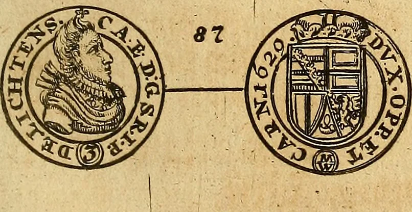 An illustration from Silesia numismatica, oder, Einleitung zu dem schlesischen Müntz-Cabinet : in welchem biss 368 Theils sehr alte rare und schöne, im Lande verfertigte Müntzen durch accurate Kupffer gewiesen, umbständlich erkläret und dabey viele in der schlesischen Historie begangene Fehler deutlich endecket werden, 1711, leaf 602