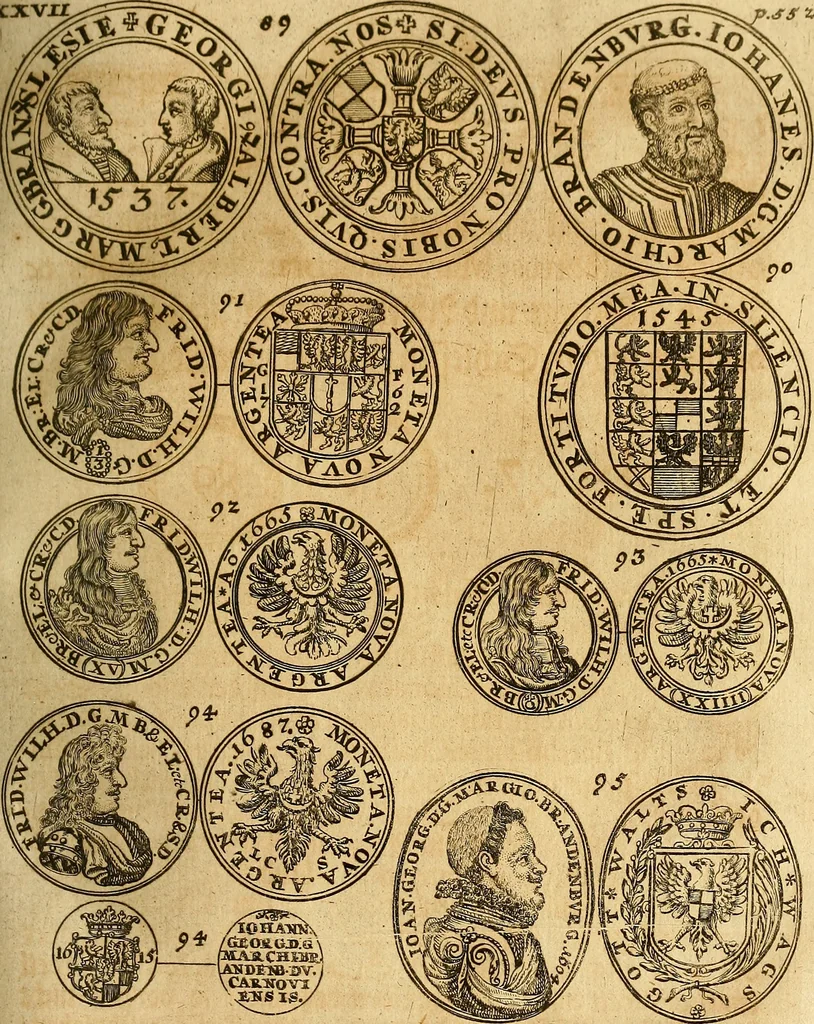 An illustration from Silesia numismatica, oder, Einleitung zu dem schlesischen Müntz-Cabinet : in welchem biss 368 Theils sehr alte rare und schöne, im Lande verfertigte Müntzen durch accurate Kupffer gewiesen, umbständlich erkläret und dabey viele in der schlesischen Historie begangene Fehler deutlich endecket werden, 1711, leaf 610