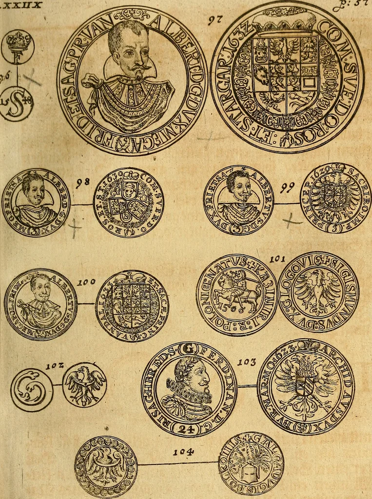 An illustration from Silesia numismatica, oder, Einleitung zu dem schlesischen Müntz-Cabinet : in welchem biss 368 Theils sehr alte rare und schöne, im Lande verfertigte Müntzen durch accurate Kupffer gewiesen, umbständlich erkläret und dabey viele in der schlesischen Historie begangene Fehler deutlich endecket werden, 1711, leaf 636