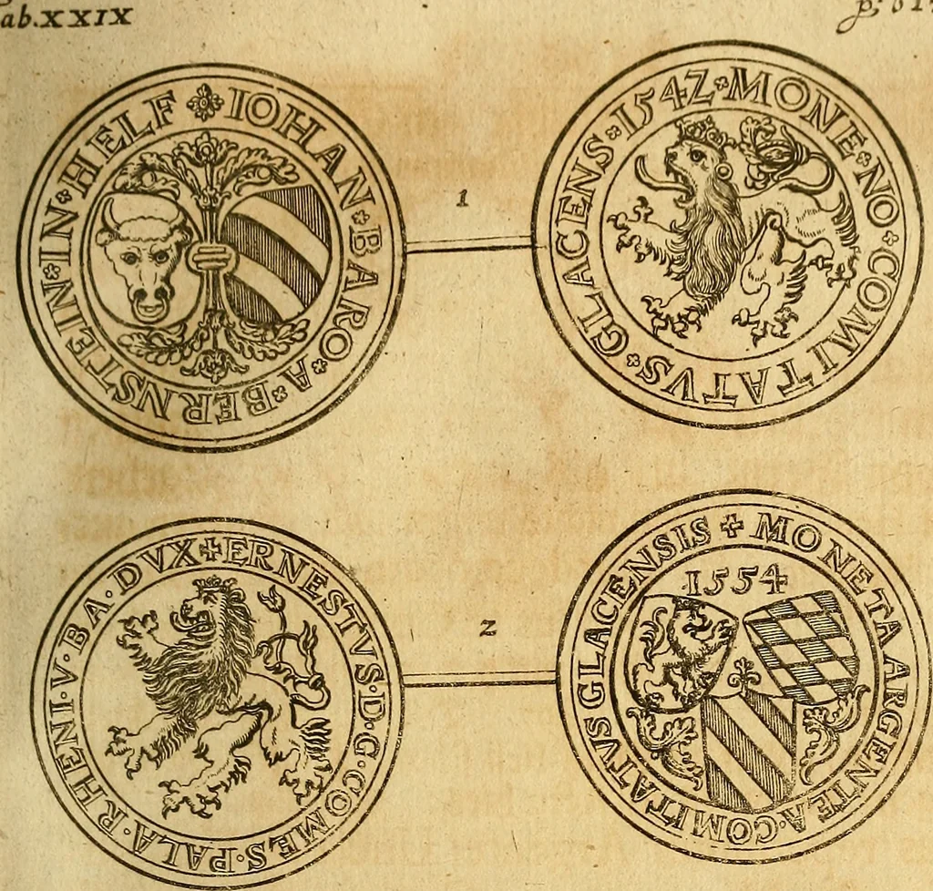 An illustration from Silesia numismatica, oder, Einleitung zu dem schlesischen Müntz-Cabinet : in welchem biss 368 Theils sehr alte rare und schöne, im Lande verfertigte Müntzen durch accurate Kupffer gewiesen, umbständlich erkläret und dabey viele in der schlesischen Historie begangene Fehler deutlich endecket werden, 1711, leaf 678