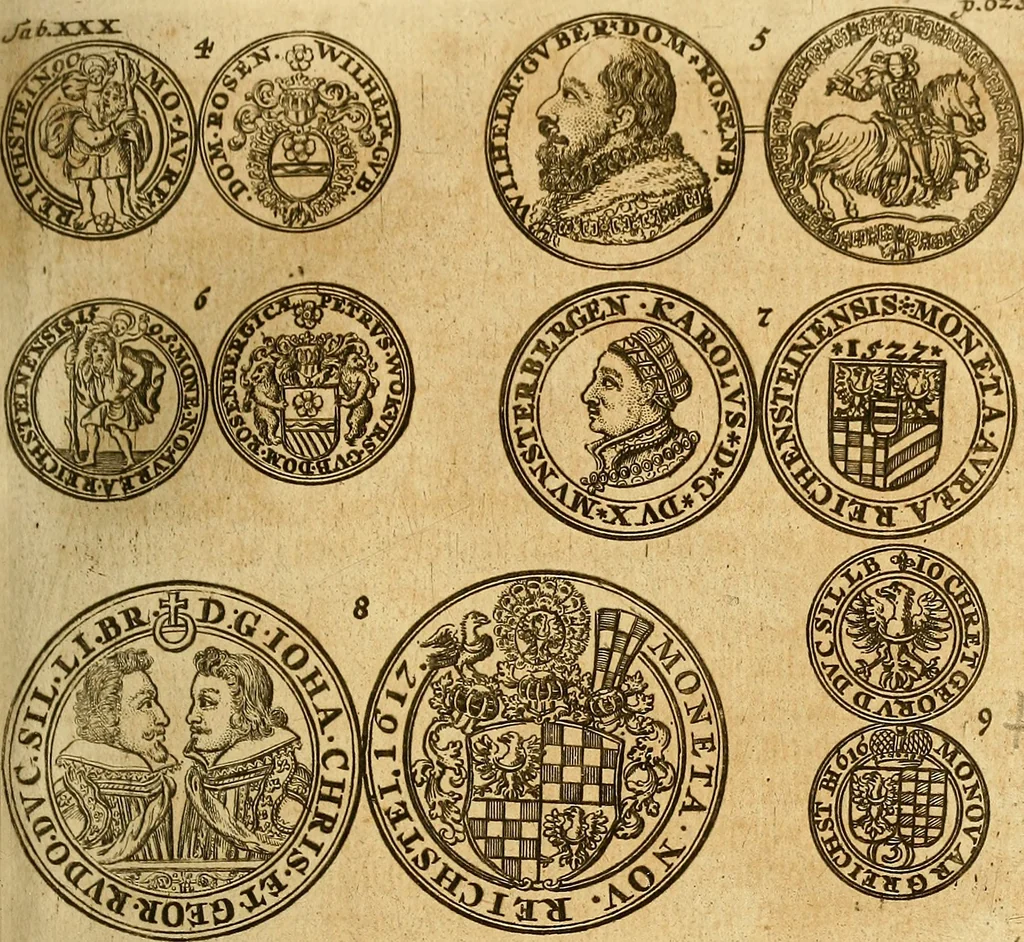 An illustration from Silesia numismatica, oder, Einleitung zu dem schlesischen Müntz-Cabinet : in welchem biss 368 Theils sehr alte rare und schöne, im Lande verfertigte Müntzen durch accurate Kupffer gewiesen, umbständlich erkläret und dabey viele in der schlesischen Historie begangene Fehler deutlich endecket werden, 1711, leaf 688