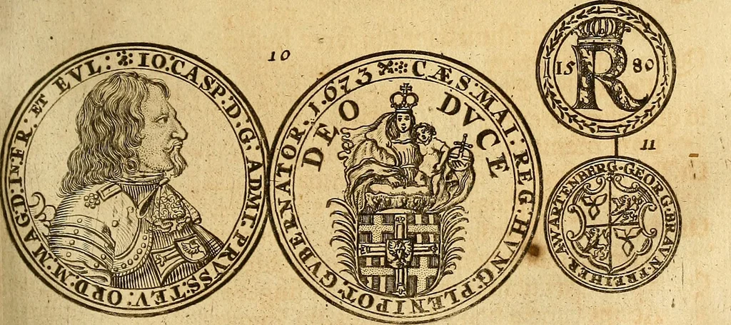 An illustration from Silesia numismatica, oder, Einleitung zu dem schlesischen Müntz-Cabinet : in welchem biss 368 Theils sehr alte rare und schöne, im Lande verfertigte Müntzen durch accurate Kupffer gewiesen, umbständlich erkläret und dabey viele in der schlesischen Historie begangene Fehler deutlich endecket werden, 1711, leaf 688