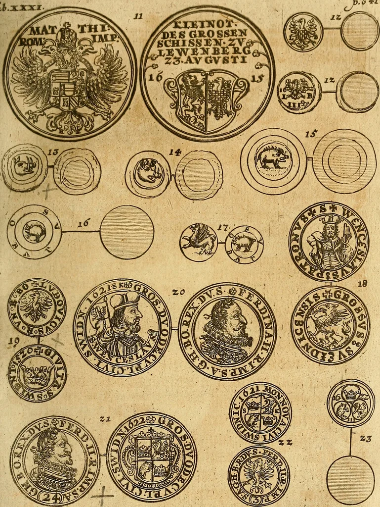 An illustration from Silesia numismatica, oder, Einleitung zu dem schlesischen Müntz-Cabinet : in welchem biss 368 Theils sehr alte rare und schöne, im Lande verfertigte Müntzen durch accurate Kupffer gewiesen, umbständlich erkläret und dabey viele in der schlesischen Historie begangene Fehler deutlich endecket werden, 1711, leaf 706