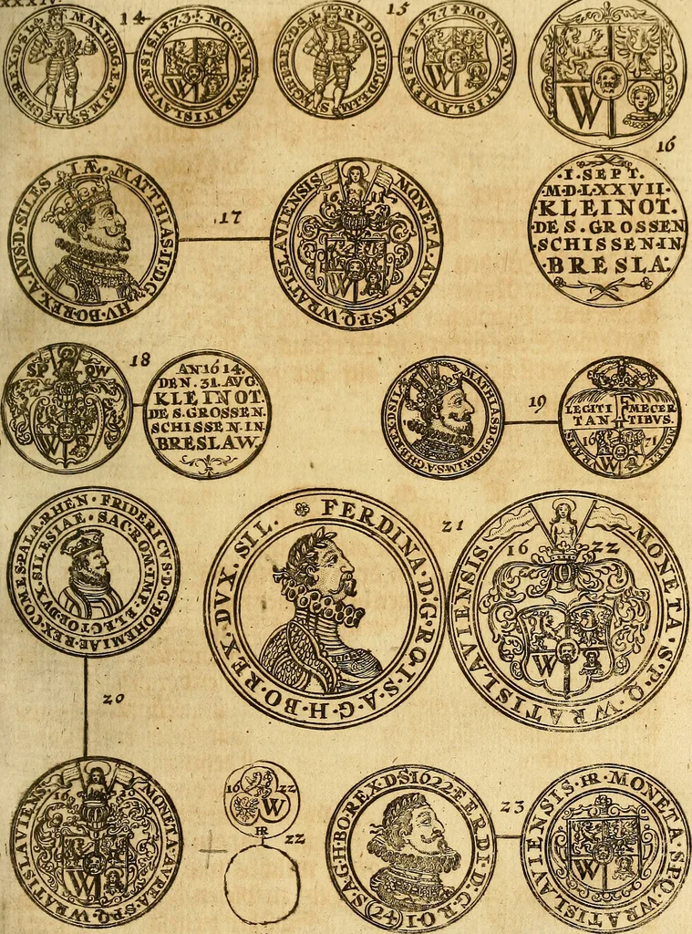 An illustration from Silesia numismatica, oder, Einleitung zu dem schlesischen Müntz-Cabinet : in welchem biss 368 Theils sehr alte rare und schöne, im Lande verfertigte Müntzen durch accurate Kupffer gewiesen, umbständlich erkläret und dabey viele in der schlesischen Historie begangene Fehler deutlich endecket werden, 1711, leaf 830