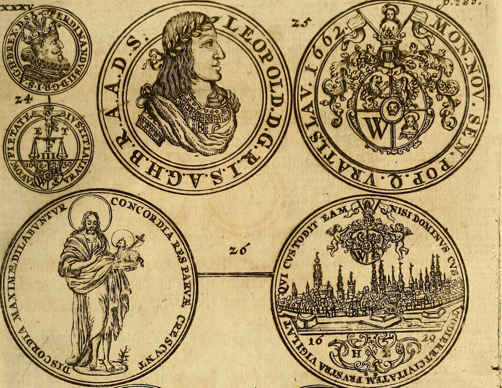 An illustration from Silesia numismatica, oder, Einleitung zu dem schlesischen Müntz-Cabinet : in welchem biss 368 Theils sehr alte rare und schöne, im Lande verfertigte Müntzen durch accurate Kupffer gewiesen, umbständlich erkläret und dabey viele in der schlesischen Historie begangene Fehler deutlich endecket werden, 1711, leaf 858